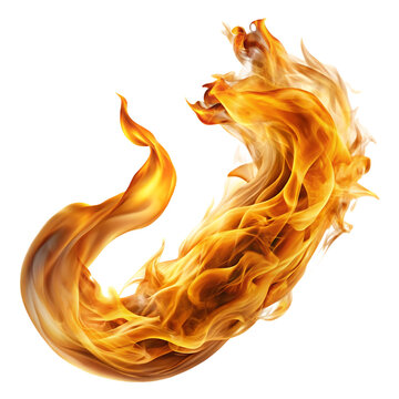 Dramatic swirling fire effect with vibrant orange and yellow flames isolated on transparent background