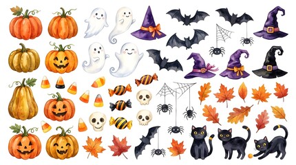 Obraz premium A delightful halloween collection featuring pumpkins witches bats black cats and vibrant autumn leaves