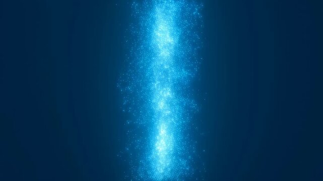 Vertical column of glowing blue particles flows upward and disperses softly against a dark blue gradient background. Smooth animated scene for visual effects and digital presentations.