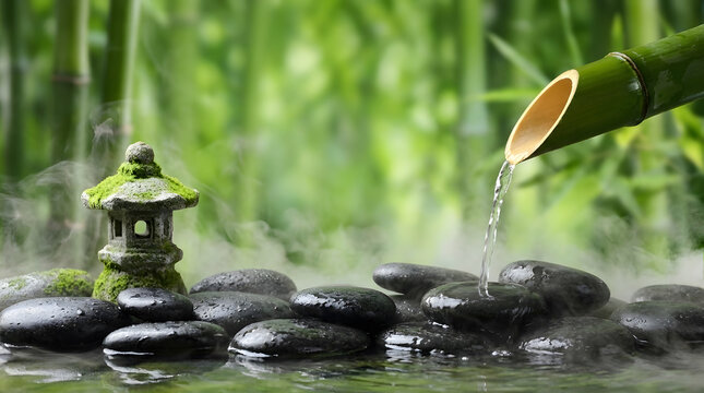 Zen Bamboo Fountain Spout Pouring Water over Smooth Black Stones | Japanese Garden Bamboo Water Feature with Mini Stone Lantern and Fog | Relaxing Zen Spa Water Fountain with Bamboo Pipe