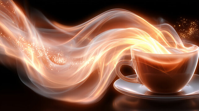 Glowing coffee cup surrounded by flowing luminous ribbons and sparkling particles. Creative beverage concept with magical energy, luxury atmosphere, and elegant abstract motion.