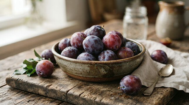 plums in a rustic bowl on a wooden table with natural light