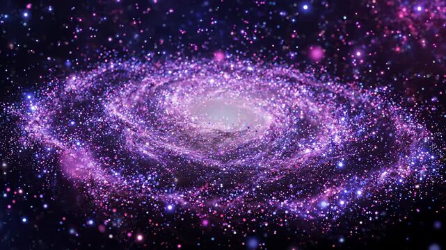 Abstract Spiral Galaxy Formation With Glowing Purple and Blue Particles in Deep Space