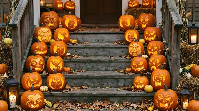 A stunning halloween display features a grand staircase completely covered in illuminated carved pumpkins and festive decorations
