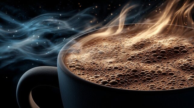 Steaming cup of coffee with foamy bubbles against a starry cosmic background. Imaginative morning beverage concept blending comfort, energy, relaxation and space exploration.