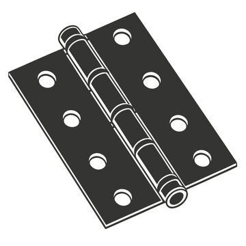 A simple black silhouette of a door hinge with screw holes, isolated on a white background