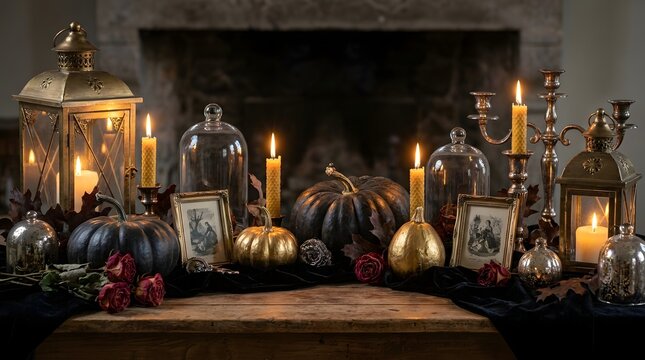 A beautifully arranged still life featuring antique lanterns candles and decorative objects evoking a vintage halloween atmosphere