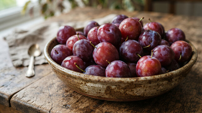 plums in a rustic bowl on a wooden table with natural light