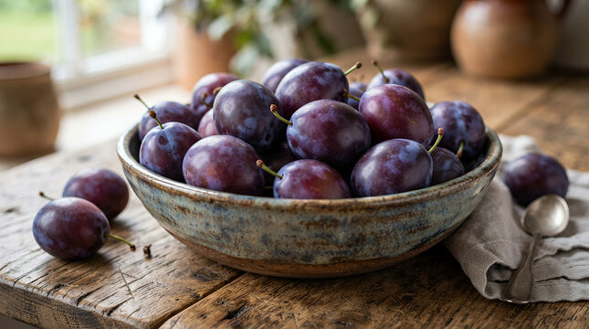 plums in a rustic bowl on a wooden table with natural light