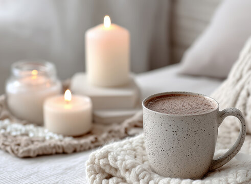 Cozy cup of hot coffee beside glowing candles and a soft knitted blanket in a serene bedroom setting. Relaxation, comfort, self-care and peaceful morning lifestyle concept.