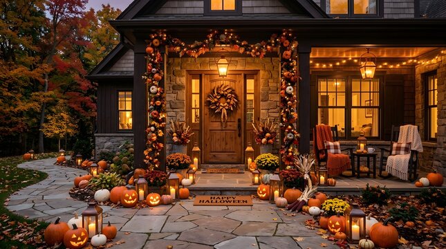A beautifully decorated home glows with spooky charm welcoming trick or treaters on a festive halloween night