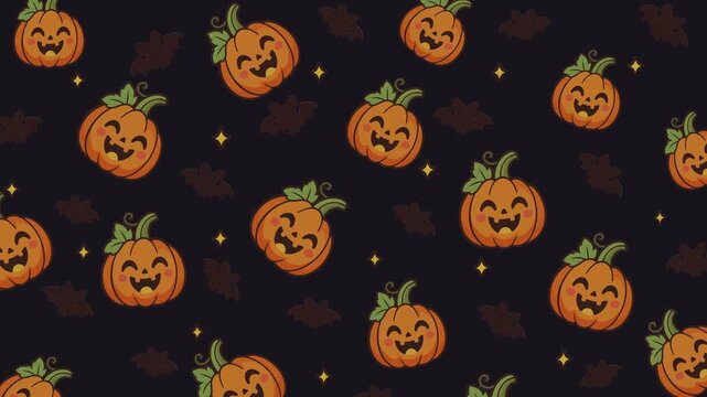Cute smiling jack-o-lantern pumpkins with bats and sparkles, seamless loop Halloween pattern. Flat vector illustration on dark background.