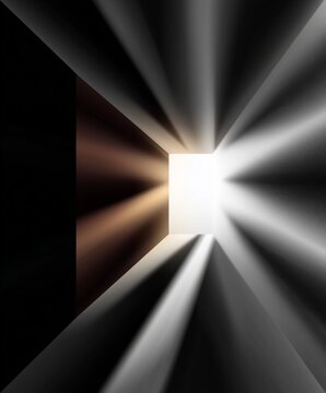 Abstract geometric tunnel with dramatic light rays converging toward a bright opening. Futuristic architectural background for technology, innovation, depth, and transition concept.