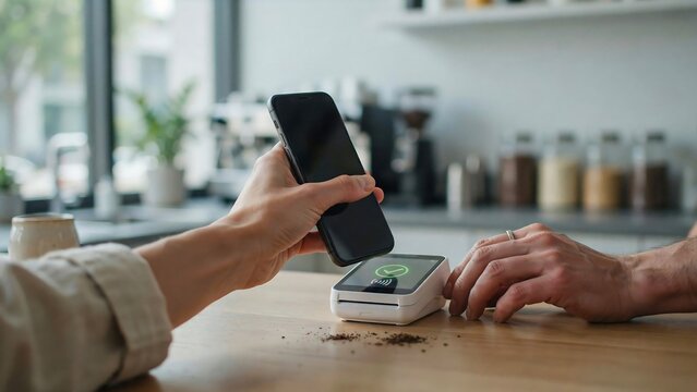 Close up of hand holding smartphone for contactless payment at digital card reader