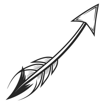 A stylized black and white illustration of an arrow with a feathered tail, isolated on a plain white background, pointing upwards and to the right