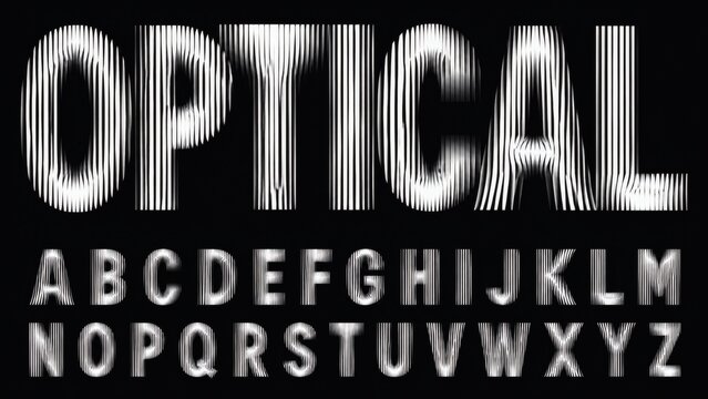 Alphabet with ribbed glass effect. Geometric typography set with bold capital letters distorted by vertical ribbing. Creative sans serif font with distortion through glass. Vector illustration
