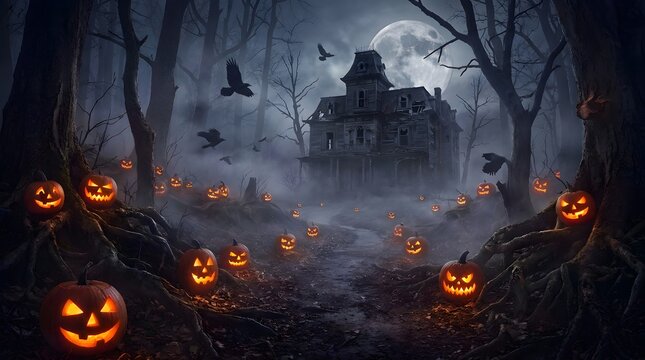 A spooky haunted house stands silhouetted against a full moon on a chilling halloween night surrounded by pumpkins