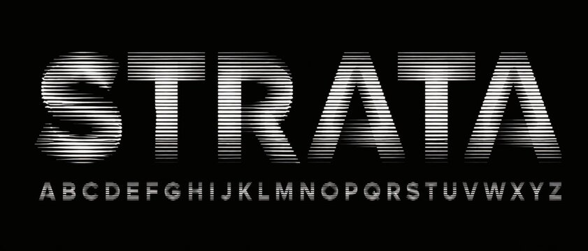 Alphabet with ribbed glass effect. Geometric typography set with bold capital letters distorted by vertical ribbing. Creative sans serif font with distortion through glass. Vector illustration