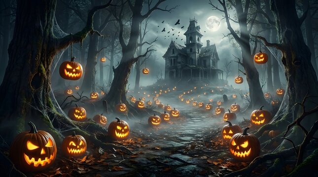 A spooky halloween night scene with jack o' lanterns a dark forest and a haunted castle in the moonlight