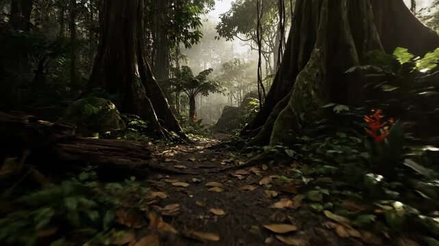 A lush jungle path with vibrant flowers and ancient trees while misty sunlight filters through casting a serene mood