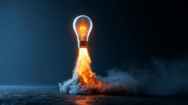 Glowing glass lightbulb launching upwards like a powerful rocket ship with bright orange flames and heavy grey smoke clouds emerging