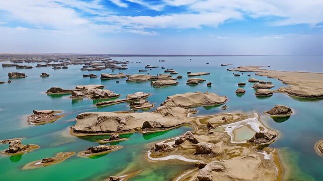 Aerial drone shot of water yardang landforms surrounded by turquoise water in the Qaidam Basin, Qinghai, China
