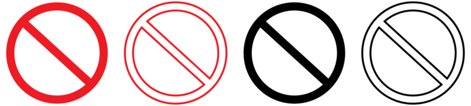 Prohibition and no entry symbol icon collection featuring red and black circle designs with diagonal slash marks, flat vector illustration isolated on white background for warning, safety and restrict