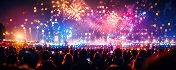 large crowd watching colorful purple, blue and orange fireworks and recording the nighttime celebration with smartphones in a brightly illuminated city © Viktoryia