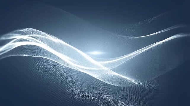 White and blue particle waves flow and undulate smoothly over a dark blue gradient background. Futuristic backdrop inspired by fluidity and energy flow.