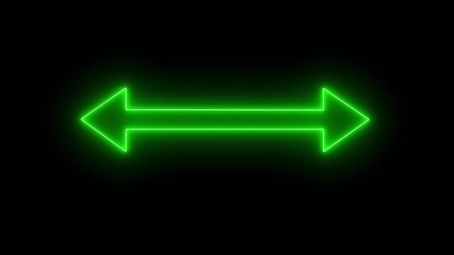 glowing neon Double side green arrow icon animation distance concept double side on screen black background