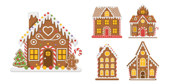Christmas gingerbread house village vector set with decorated cookie town buildings candy canes snow and a gingerbread man.
