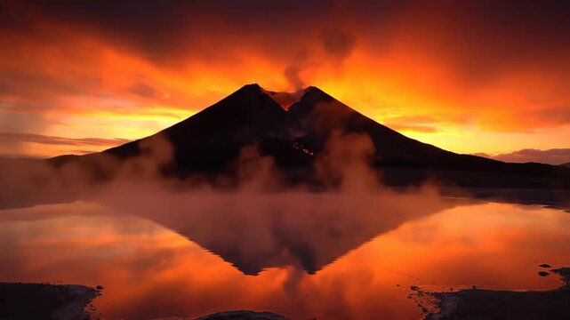 A volcano erupts with lava flows and steam while reflecting in calm water at sunset with dramatic skies