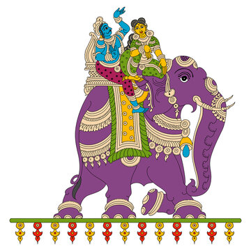 Traditional Indian Folk Art Krishna and Radha Riding Decorated Elephant Illustration....