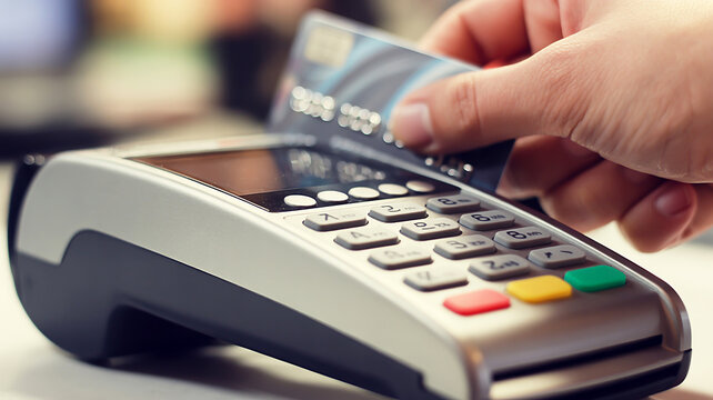 Close-up of a person's hand inserting a credit card into a point-of-sale terminal for secure payment processing