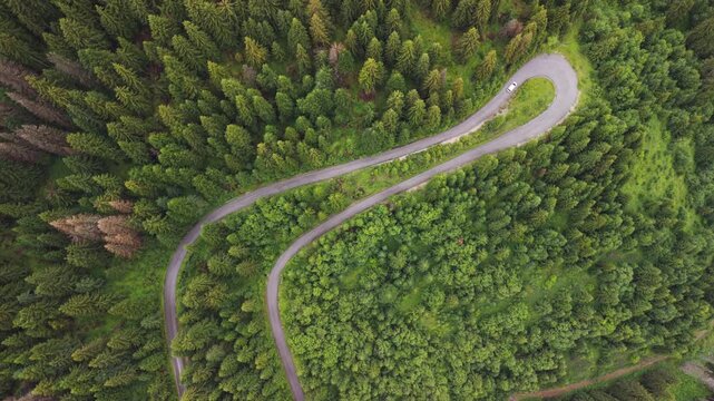 Top-down aerial view of a white car navigating a tight hair-pin turn on a serpentine mountain road surrounded by dense pine forest in Kotlovi, near Montenegro Kosovo border.