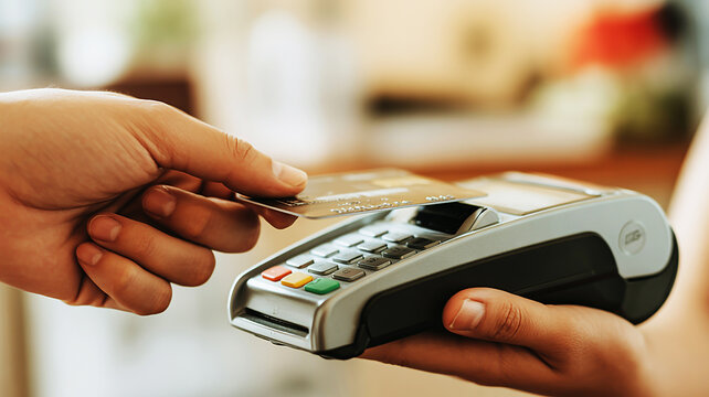 A close-up photograph of a customer making a contactless payment with a credit card at a handheld POS device