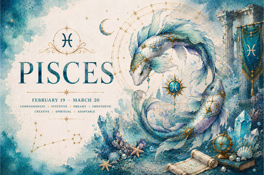 Pisces Zodiac Mystical Twin Fish Fantasy Illustration