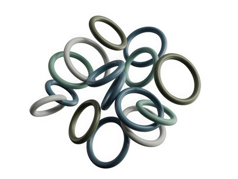 Cluster of smooth metallic rings of various sizes with subtle green and blue hues