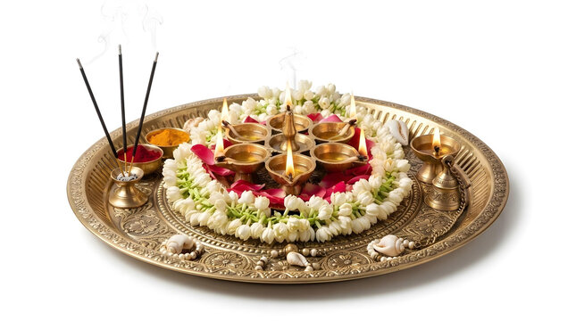 Elegant brass aarti plate with diya, flowers and incense, isolated on pure white background,