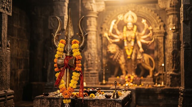 Close-up of a golden Trishul trident decorated with marigold flowers garland, with a blurred silhouette of Goddess Durga in the moody temple ... See More