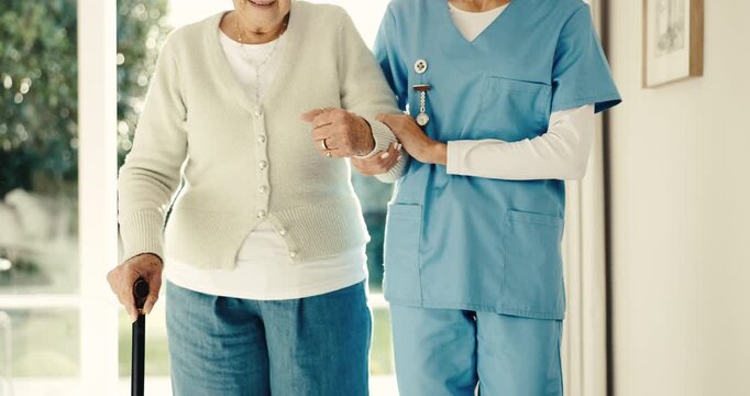 Physiotherapist, hands and old woman in nursing home with cane, exercise and assistance for walking. Healthcare worker, help and senior person with mobility aid, rehabilitation and physical therapy.