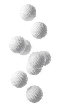 Several golf balls falling isolated on transparent background