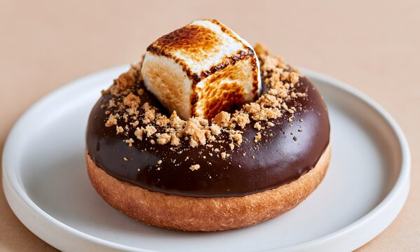 a sourdough donut on a white ceramic plate. The donut is liberally coated in a thick, glossy dark chocolate glaze made of Milo
