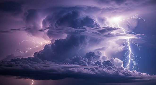 Violent lightning bolts striking through massive dark storm clouds during a powerful night