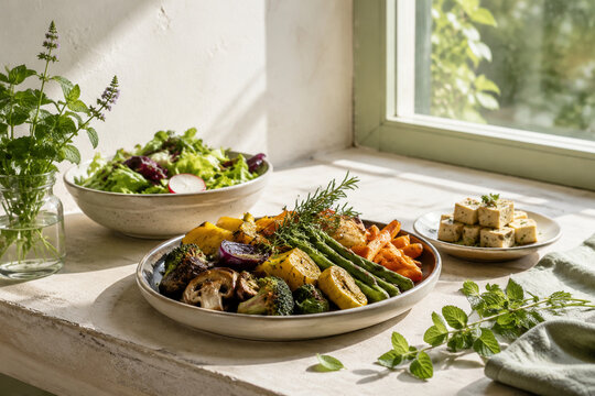 Window ledge with roasted vegetable platter, salad bowl, tofu cubes, and scattered fresh herbs, vegetarian meal concept
