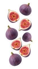 Fresh figs floating, whole and halved isolated on transparent background © Png Stock Pro