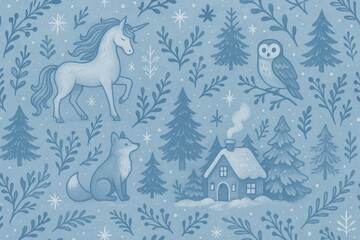 Naklejka premium Whimsical winter forest creatures illustration background