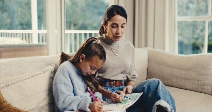 Child, education and coloring with mom in home, dancing or helping daughter with homework in lounge. Creative, family and mature woman with girl, growth and cognitive development with book in house