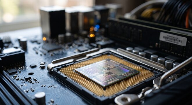 CPU chip close-up on motherboard golden pins high detail technology macro photography professional lighting