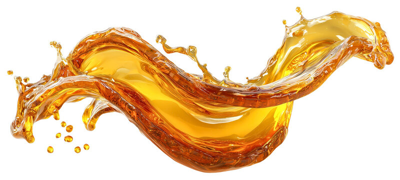 Dynamic splash of golden liquid forms elegant, flowing wave with droplets suspended in motion, creating sense of energy and fluidity., isolated